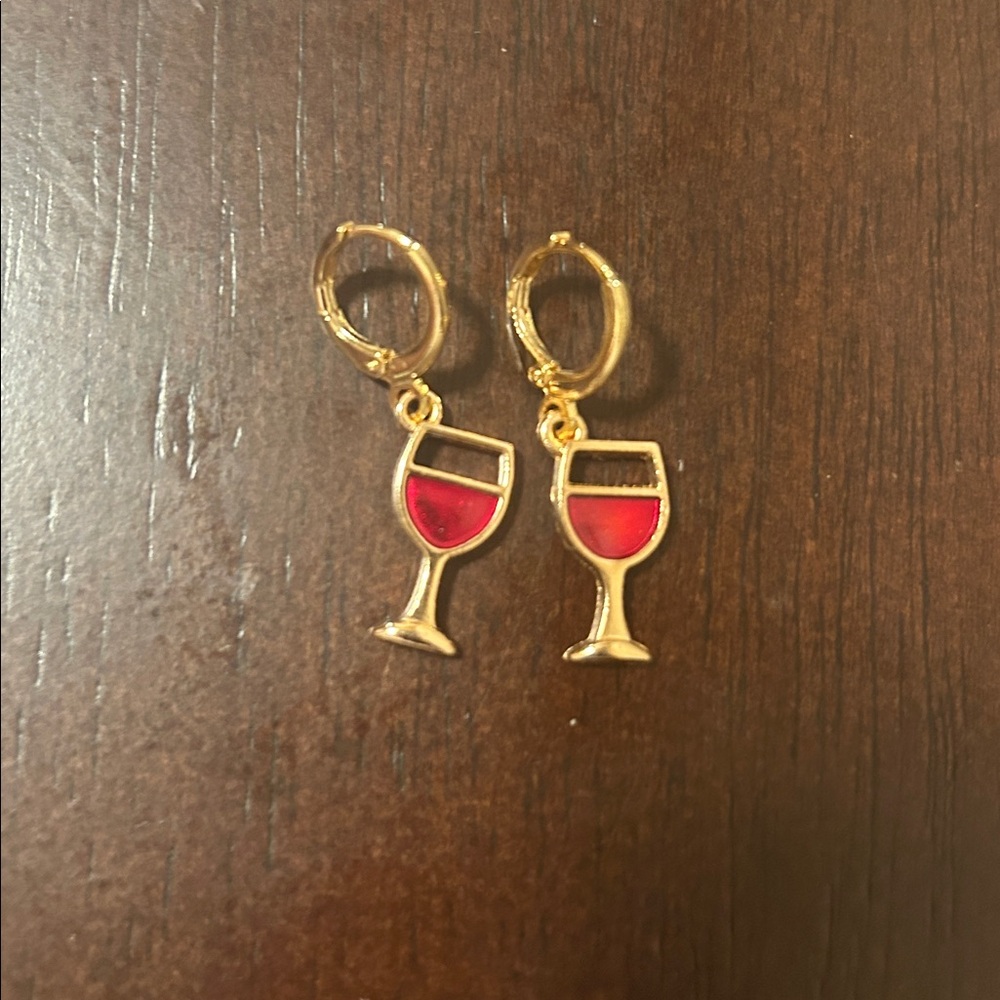 18k gold plated Gold Wine Glass Dangle Earrings - Red Enamel